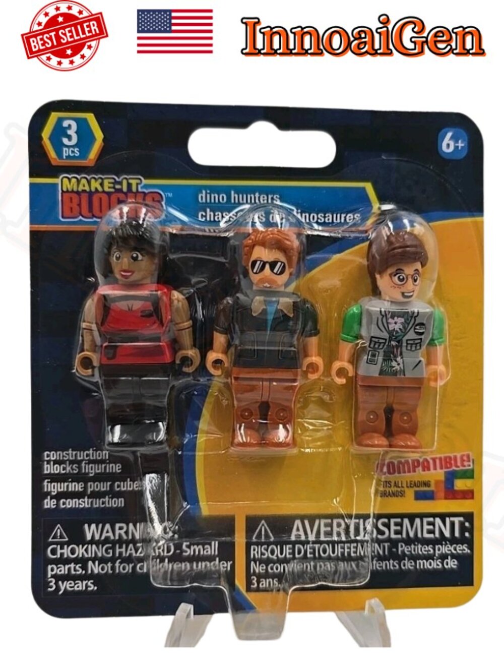 Make-It Blocks Dino Hunters 3-Pc Building Figurine Set Compatible Block Toys NWT